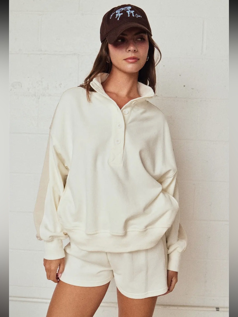 Mock 🤍neck color block Papermoon Cream Pulloverand Shorts boutique Set